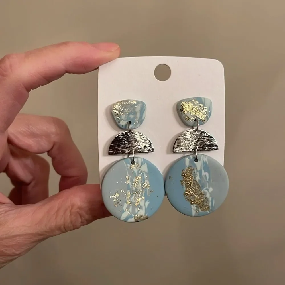 Soft Pottery Material Blue Marbled With Gold Foil Accent Geometric Drop Earrings